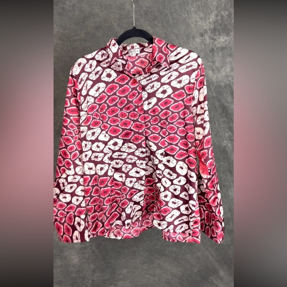 Grass-Fields | Abstract Print Button-Front Blouse |Burgundy Red White | Size 18